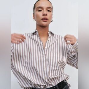 AYR Striped Button-Up Shirt in White and Brown